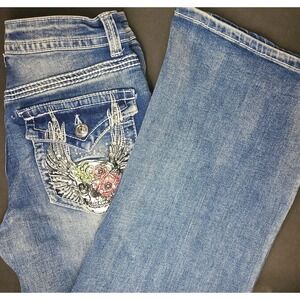 Telepatia Wide Leg Jeans Skull Wings Rhinestone Rose Y2K Mid Rise 9x29 NWT